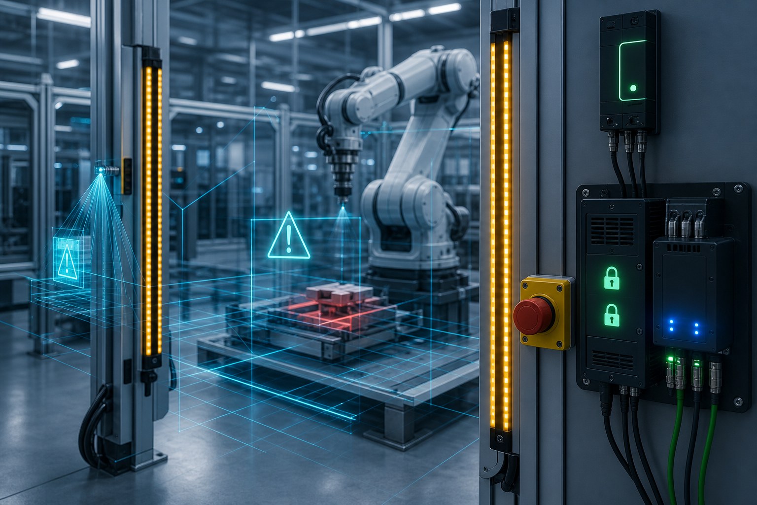 Industrial AI safety systems with light curtains and PLC interlocks