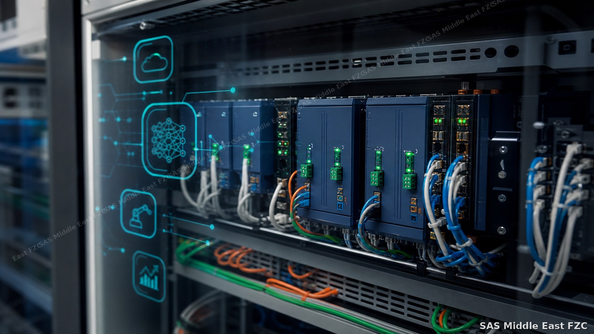 Futuristic IntelliLink AI hardware interface in industrial cabinet