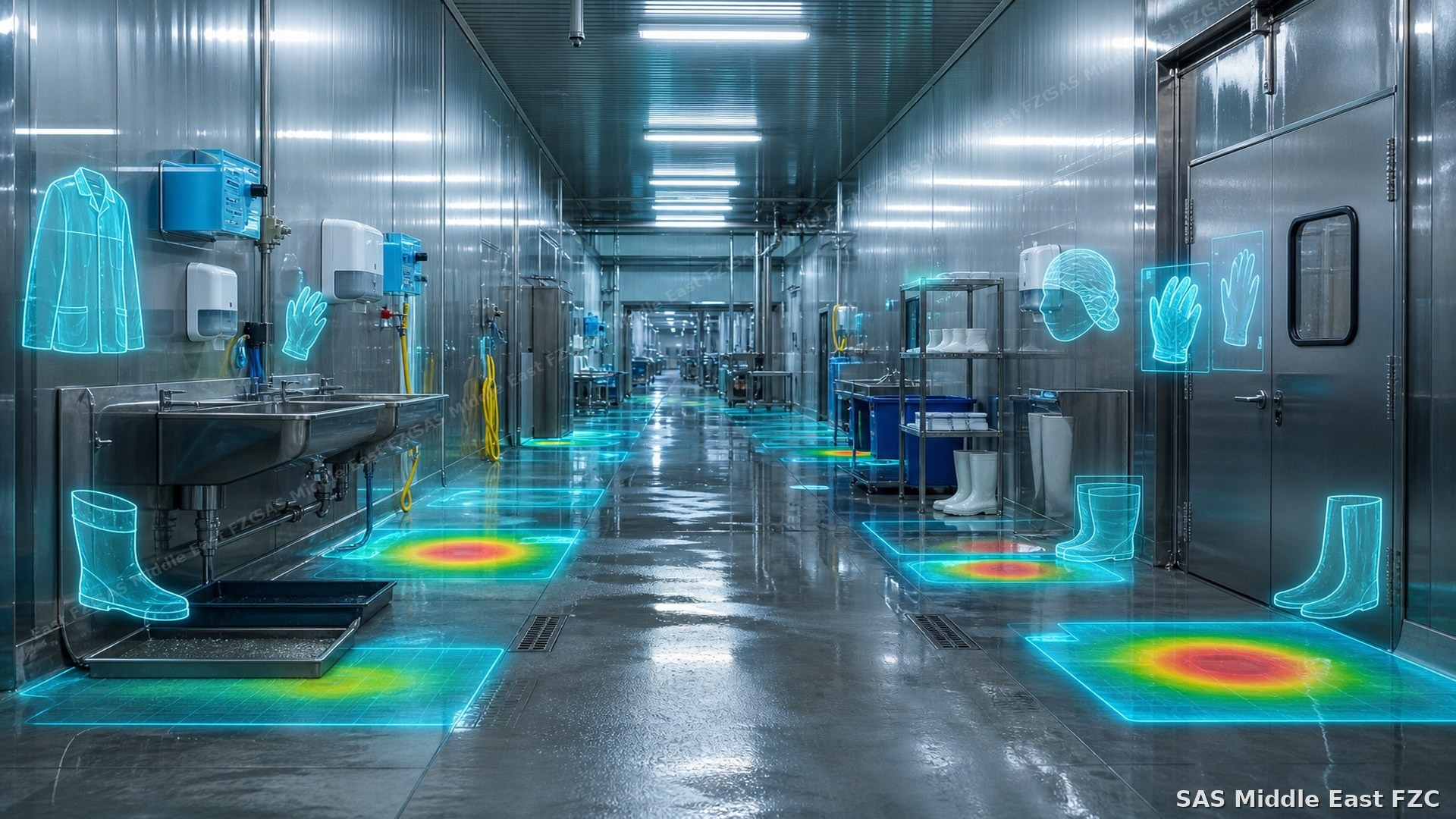 Hygiene and PPE safety AI monitoring in food plant corridors