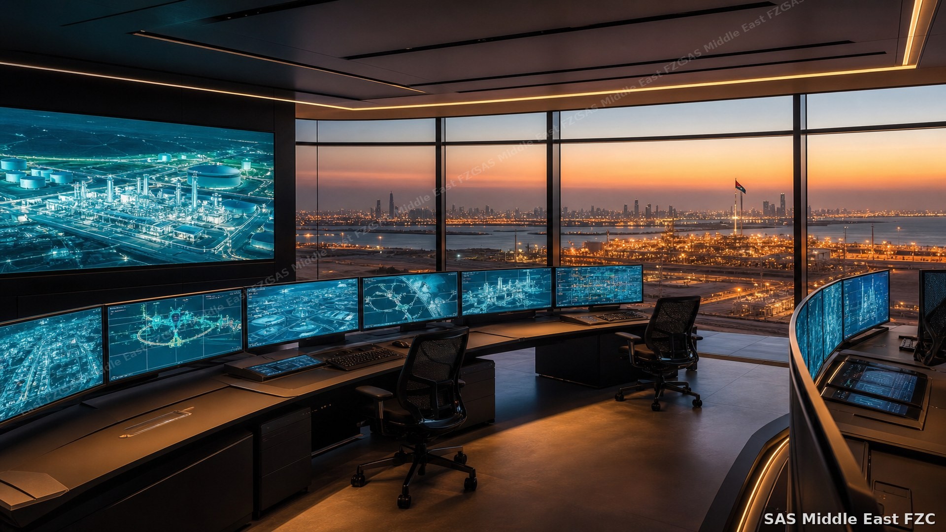 Futuristic AI operations center overlooking industrial UAE skyline