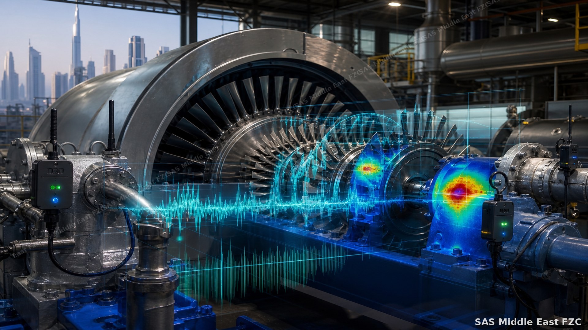 Predictive maintenance AI overlays on industrial turbines