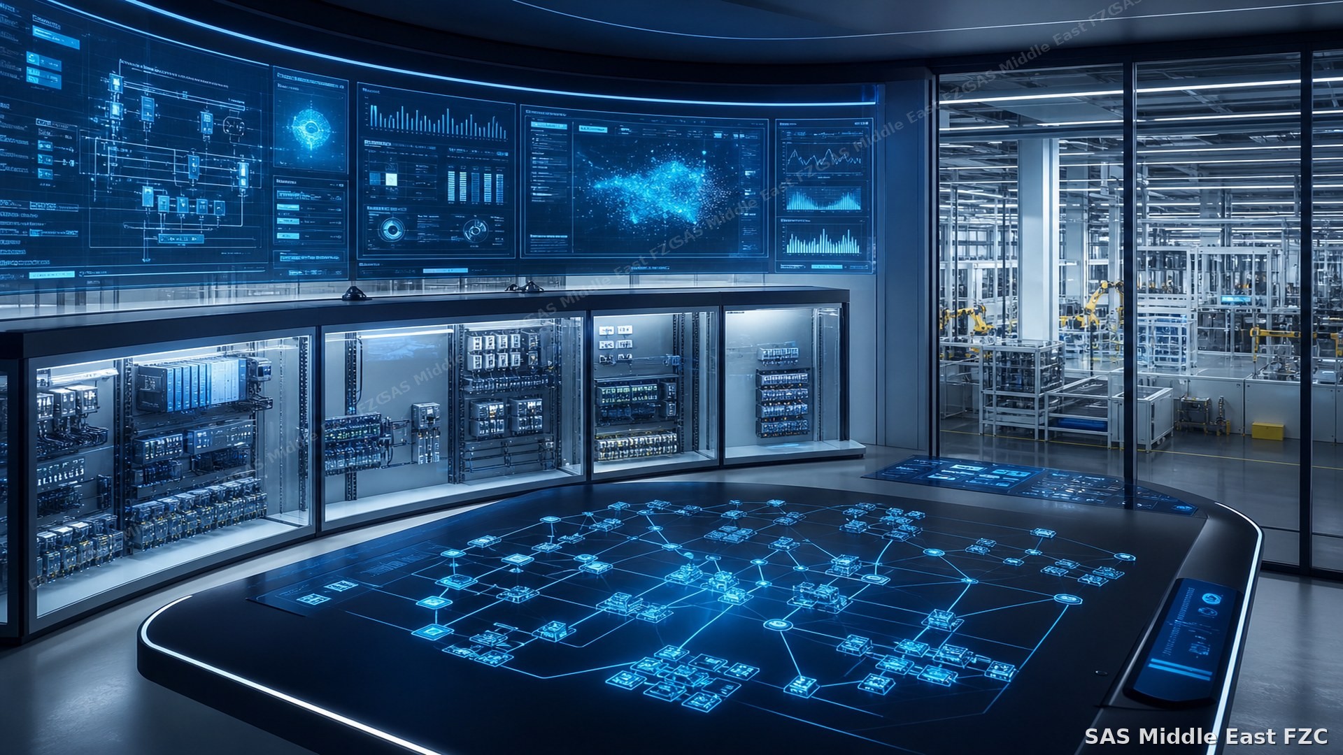 Futuristic industrial AI software and SCADA control room